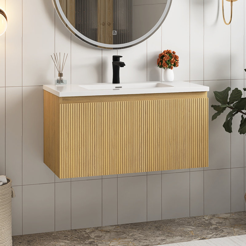 Meuble-lavabo mural 36 po MDF avec plateau en chêne jaune