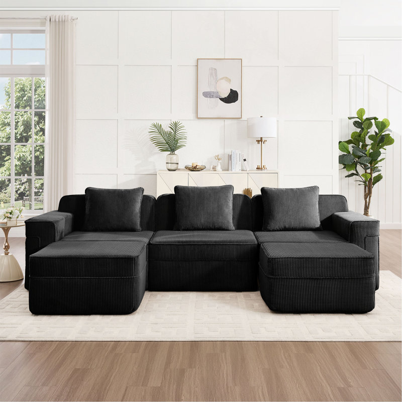 Canapé modulaire modulaire à 3 places en forme de U sans os, canapé modulaire Cloud avec assise profonde, canapé modulaire moderne à 3 places avec coussins décoratifs et 2 repose-pieds amovibles, tissu en velours côtelé