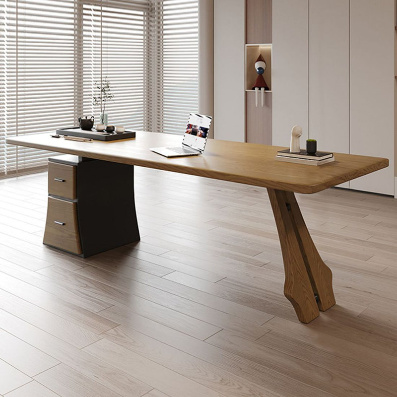 Bureau de direction rectangulaire en bois massif brun clair avec tiroirs, Gauche, 29,53 po H * 70,87 po L * 27,56 po P