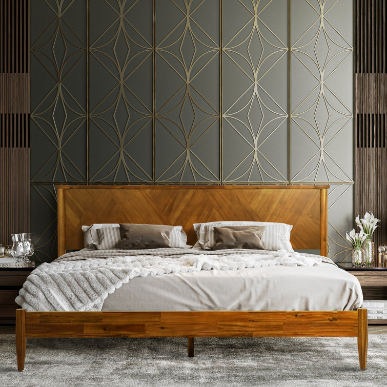Panthera Solid Wood Bed Frame with Artistic Patterned Headboard