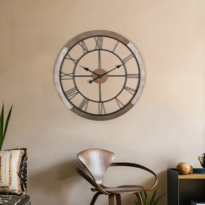 Grande horloge murale rustique en bois de 24 po - Horloge romaine à chiffres creux pour la décoration intérieure