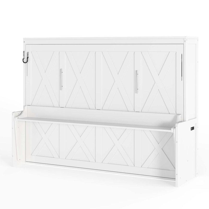 Lit escamotable peu encombrant avec bureau intégré, station de charge USB et éclairage DEL, White