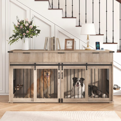 71-Inch Double Dog Cage : Waterproof Countertop + Type-C Interface - Heavy-Duty Dog House With Rotating Feeding Bowl (Suitable For Large Dogs)