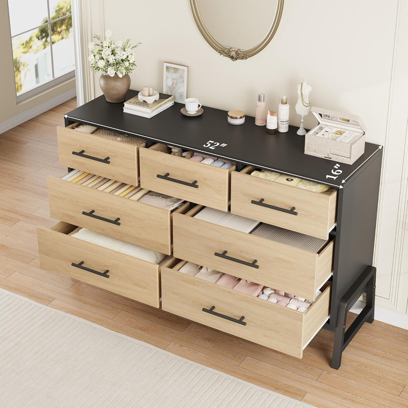 7-Drawer Dresser 52 Inch Wide, Freestanding Wooden Storage Chest,Large Bedroom Dresser with Drawers for Closet Organization, Living Room, Entryway