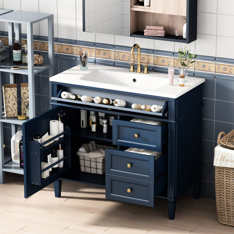 Meuble-lavabo de salle de bain 36 po - Armoire moderne bleue avec tiroirs. 2 tiroirs, tiroir coulissant pour rangement organisé. Et armoire contemporaine. Pratique avant-gardiste