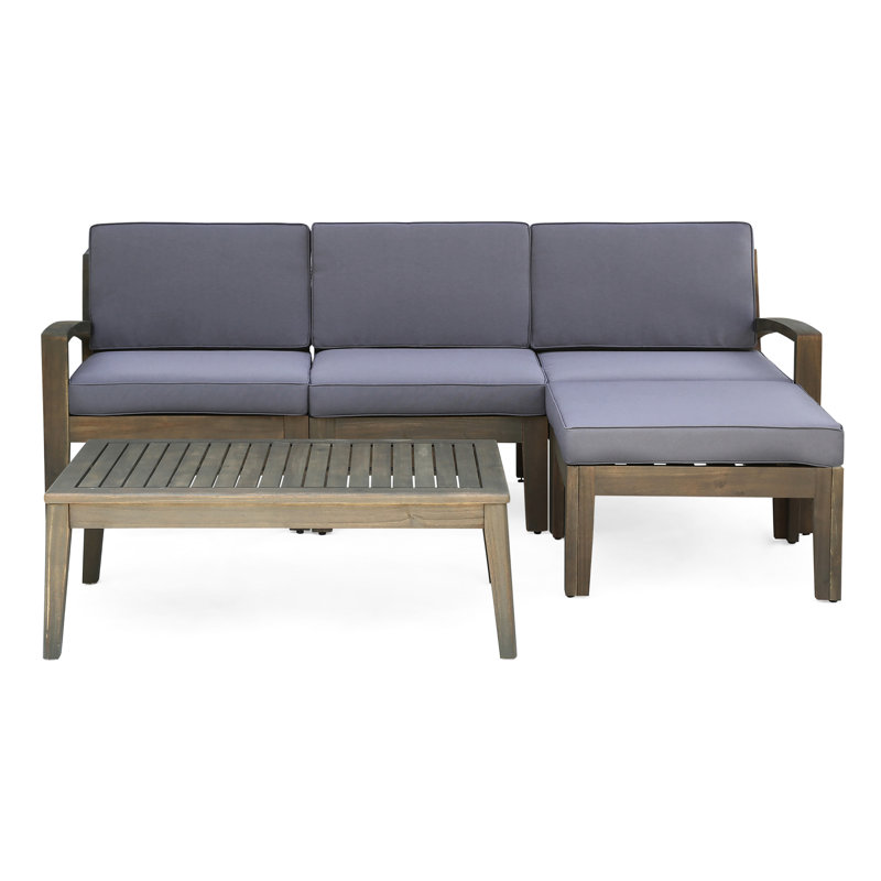 Canapé modulaire d'extérieur en bois en forme de L - Structure et coussins gris avec table charmante