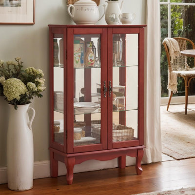  44" Lighted Curio Cabinet, 3-Tier Glass Display Cabinet with Glass Doors & Adjustable Shelves, Acrylic Back Panel, Light Blub Included, Vintage China Cabinet for Living Room, Kitchen
