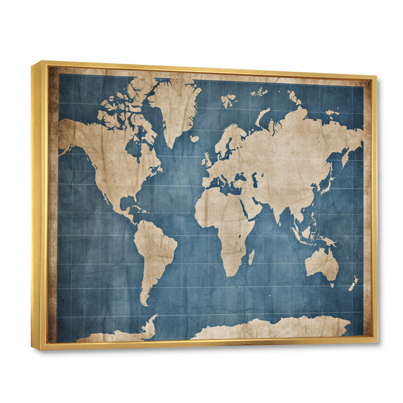 Ancienne carte du monde IV sur toile, H 30 po x l 40 po x P 1,5 po, Cadre flottant doré