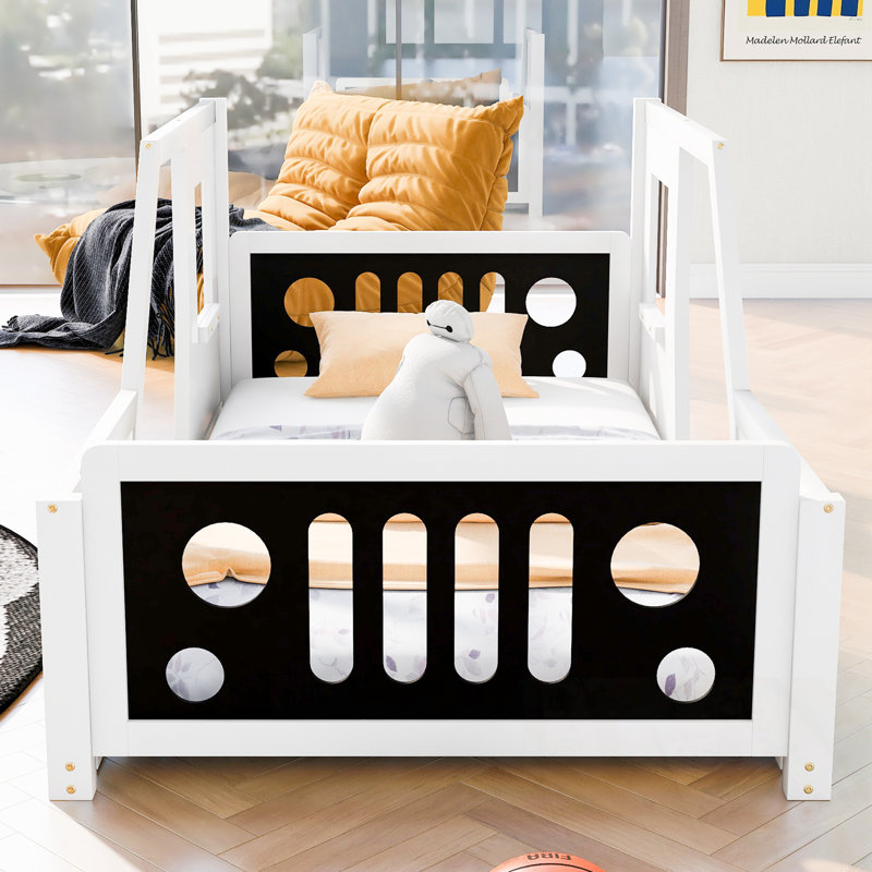 Lit plateforme simple en forme de voiture avec roues, Blanc