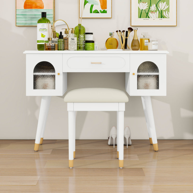 Makeup Vanity Set with Dressing Table, Cushioned Chair and Built-in Charging Ports, White