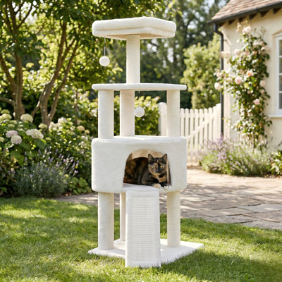 45in Cat Tree Tower with Big Condo for Indoor Kittens, Scratching Post, Scratching Board, Cat Toys, Multi-Level, Space-Saving, Transformer Design, Beige