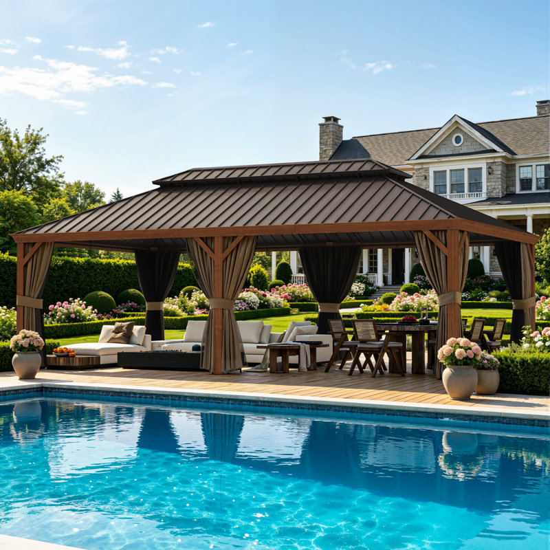 14x24ft. Hardtop Aluminum Gazebo with Galvanized Steel Double Roof, Mosquito Netting, Privacy Curtains & Ceiling Hooks
Wood Grain Outdoor Gazebo for Patio, Deck & Backyard