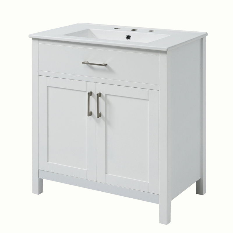 Meuble-lavabo de salle de bain avec lavabo en céramique et beaucoup de rangement, Blanc