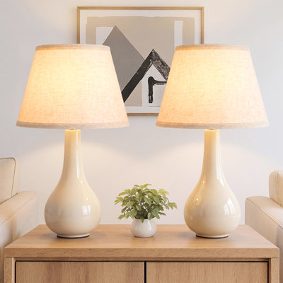 Ensemble de 2 lampes de table en céramique jaune craquelée de 45,7 cm (18 po), lampes de chevet à brancher de style campagnard avec abat-jour en lin naturel pour chambre à coucher, salon ou entrée.
