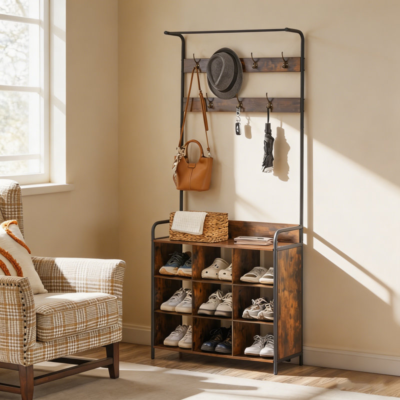 Coat Rack, Hall Tree With Shoe Rack For Entryway, 3-In-1 Entryway Coat Rack And Storage Rack, With 7 Hooks, A Hanging Rod