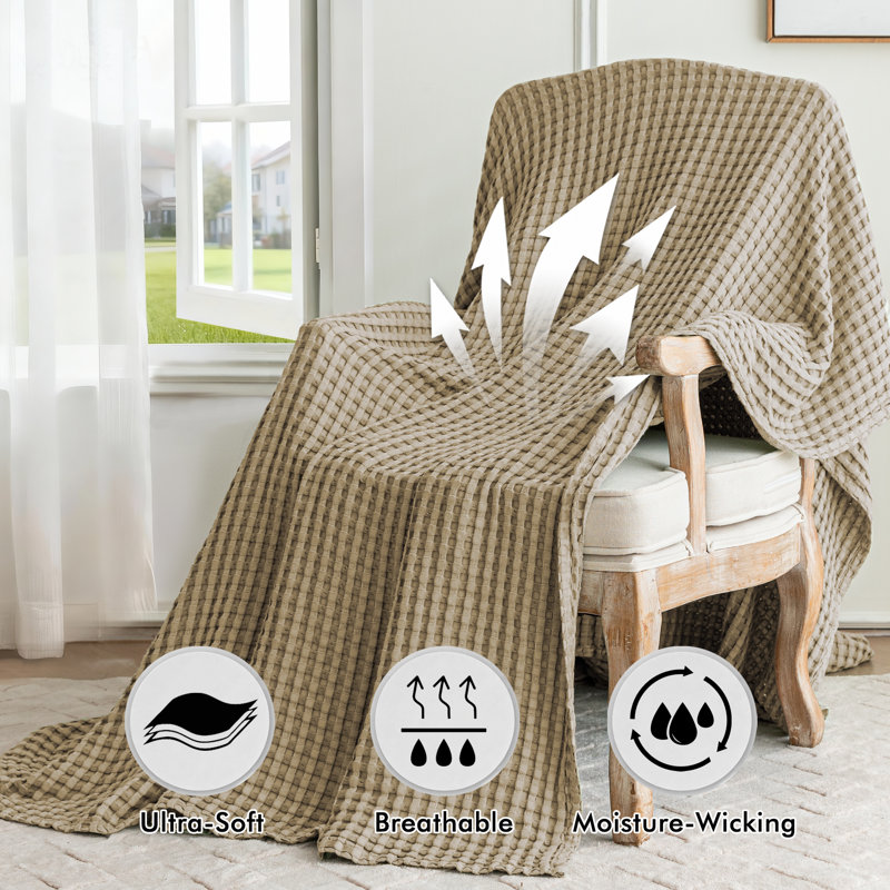 Jeté doux et léger en coton et viscose de bambou tissé gaufré toutes saisons, Lit simple, Kaki