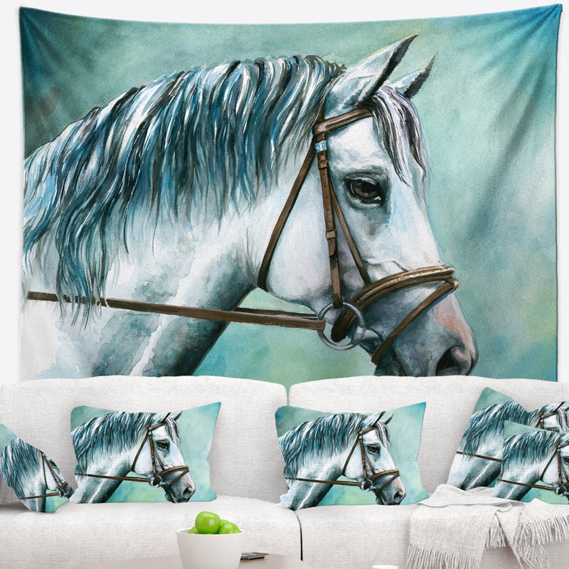 Tapisserie cheval gris sur fond bleu, H 32 po x l 39 po