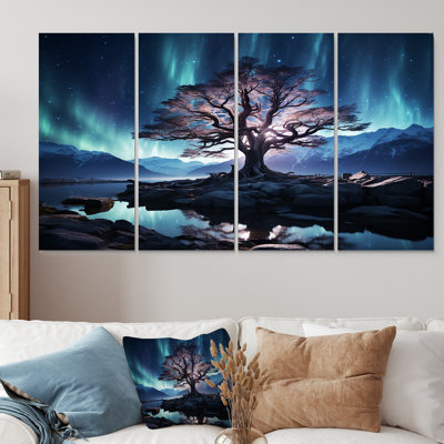 «Blue and Pink Tree In Northern Lights II», ensemble d'art mural 4 pièces
