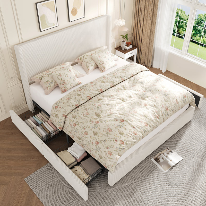 Structure de lit plateforme tapissier blanc crème avec tiroirs de rangement, dossier à oreilles en velours côtelé avec tête et pied de lit capitonnés, aucun sommier nécessaire, assemblage facile, blanc crème