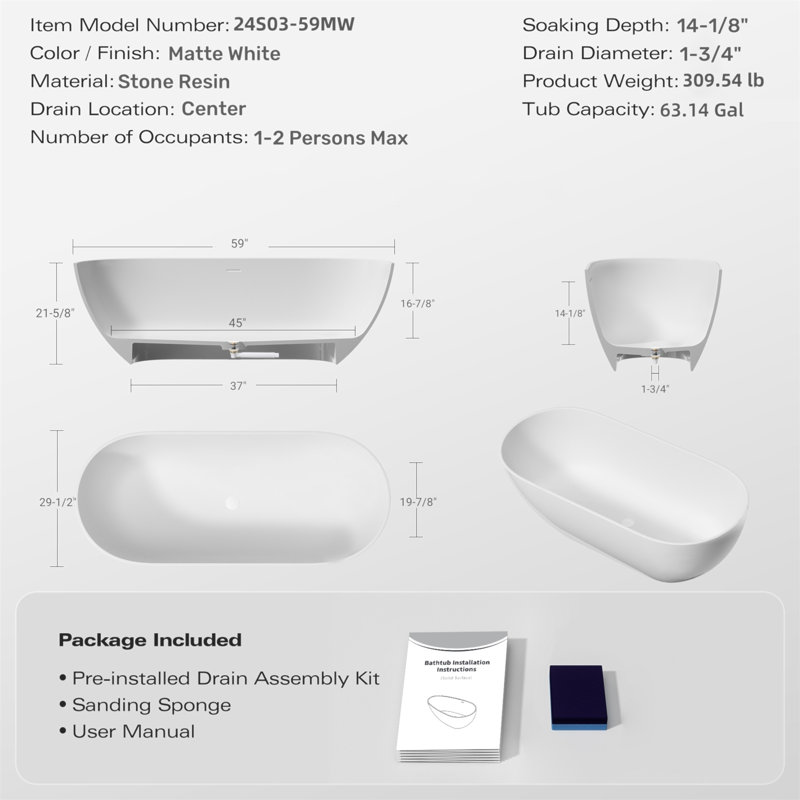 Baignoire autoportante de 59 po à surface solide, baignoire de trempage autoportante en résine d'ingénierie de luxe avec trop-plein et bonde escamotable pour salle de bain contemporaine