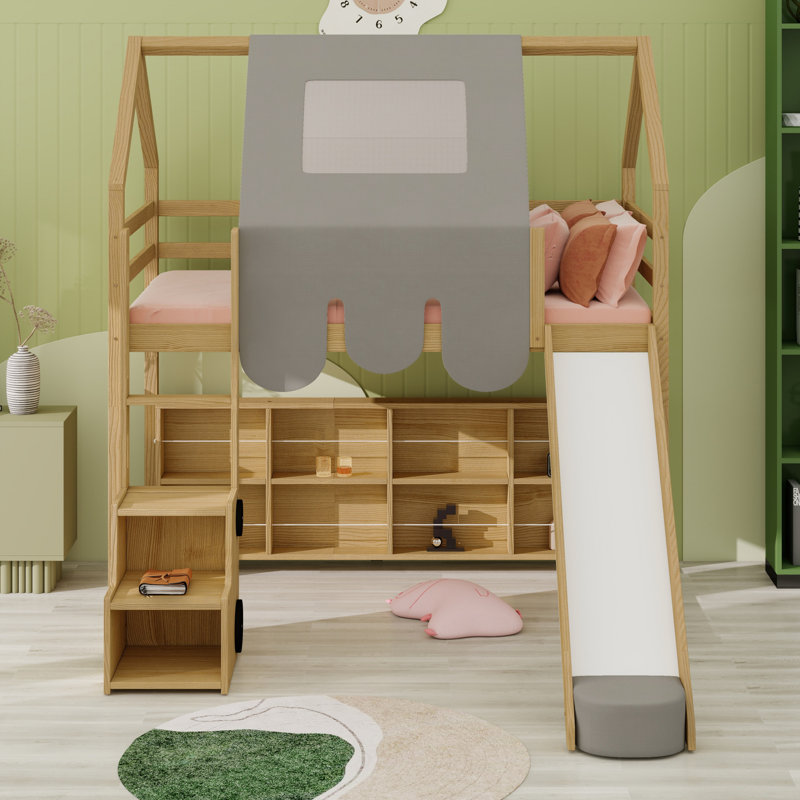 Structure de lit en mezzanine avec tente, Naturel / Beige, Lit simple