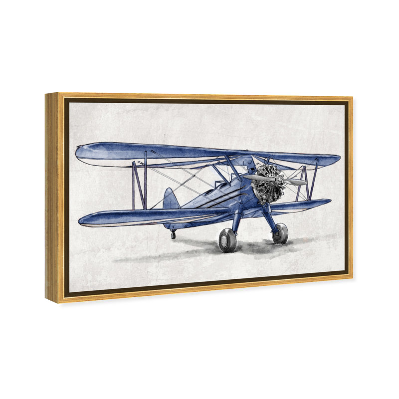 «Bertineke Transport Blue Vintage Aviator Airplanes», reproduction d'art sur toile, H 36 po x l 54 po, Toile encadrée, Doré