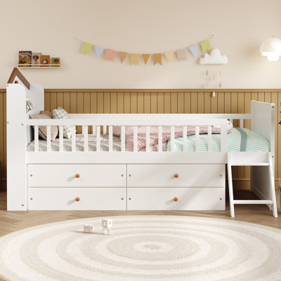 Structure de lit simple avec 4 tiroirs - Lit plateforme blanc pour enfants avec garde-corps et échelle, sans sommier