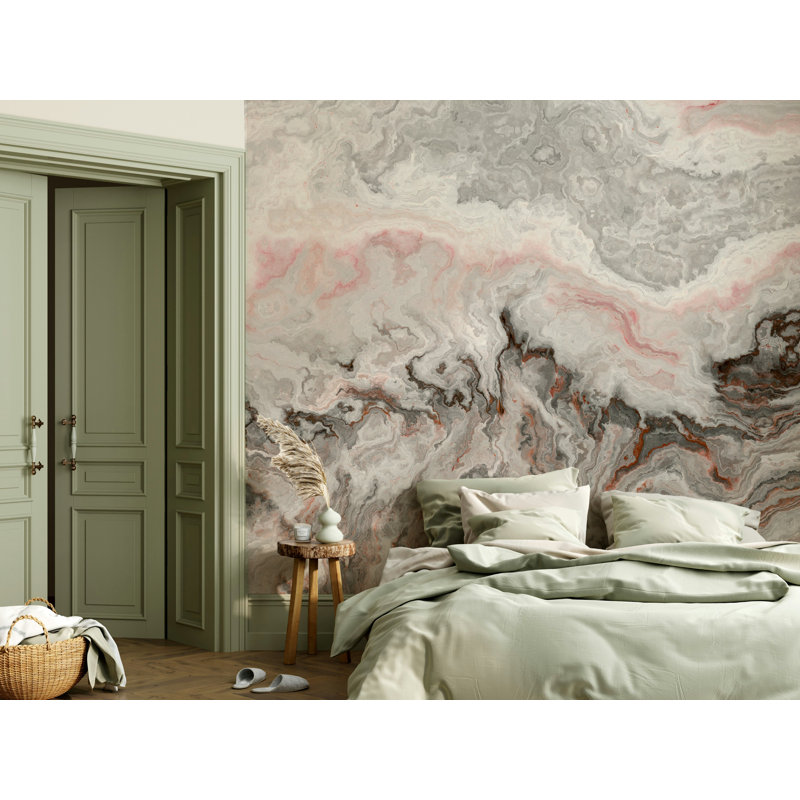 Papier peint marbré gris avec veines rosées, L 36,96 po x l 56 po