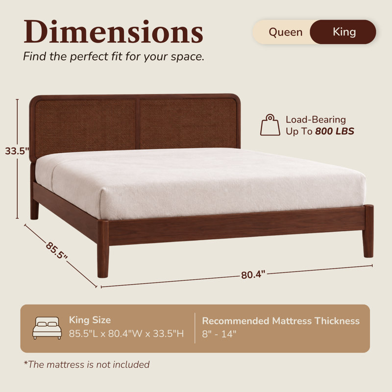 Woodmere Premium King Size Bed Frame with Rattan Headboard, Solid Wood Platform Bed, Tapered Solid Wood Legs, No Box Spring Needed, Mid-Century Modern Style, Easy Assembly (Walnut)