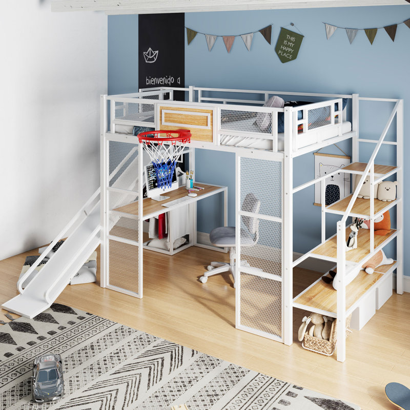 Lit mezzanine en métal avec bureau intégré, Blanc