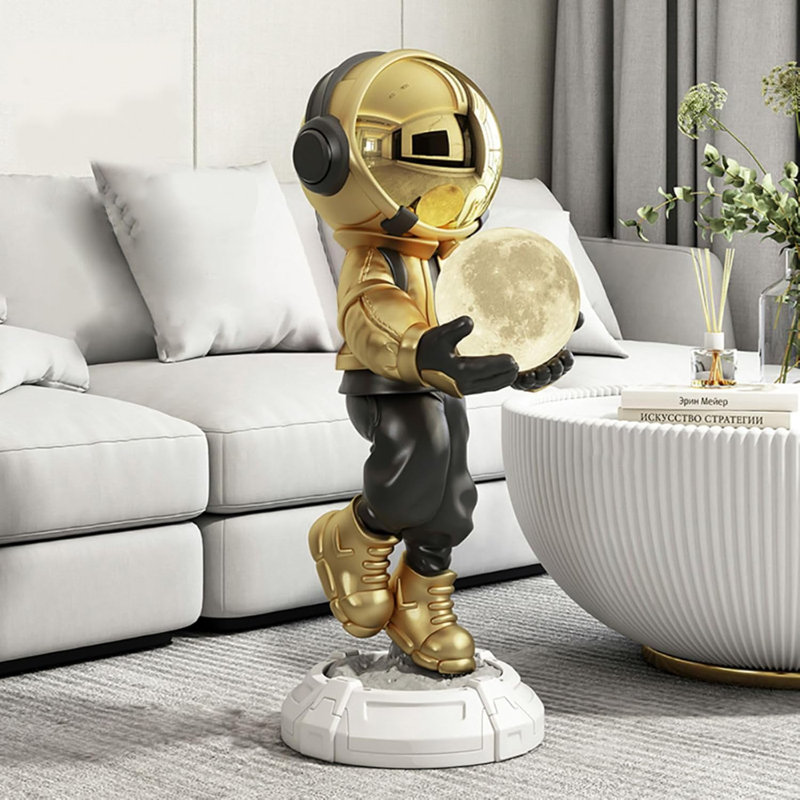 Large Astronaut Sculpture Figurine With LED Ball Lamp And USB Charging, Modern Home Decor Art Piece For Living Room Floor