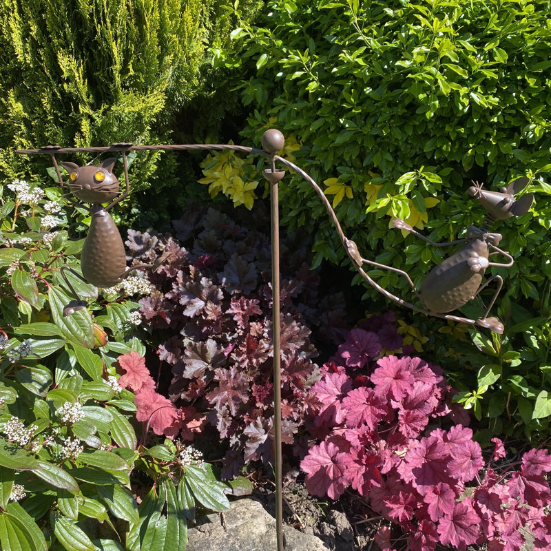 Isiah Cat Metal Garden Statue with Mouse Wind Spinner, Hand-Finished, Durable and Stylish Outdoor Garden Décor
