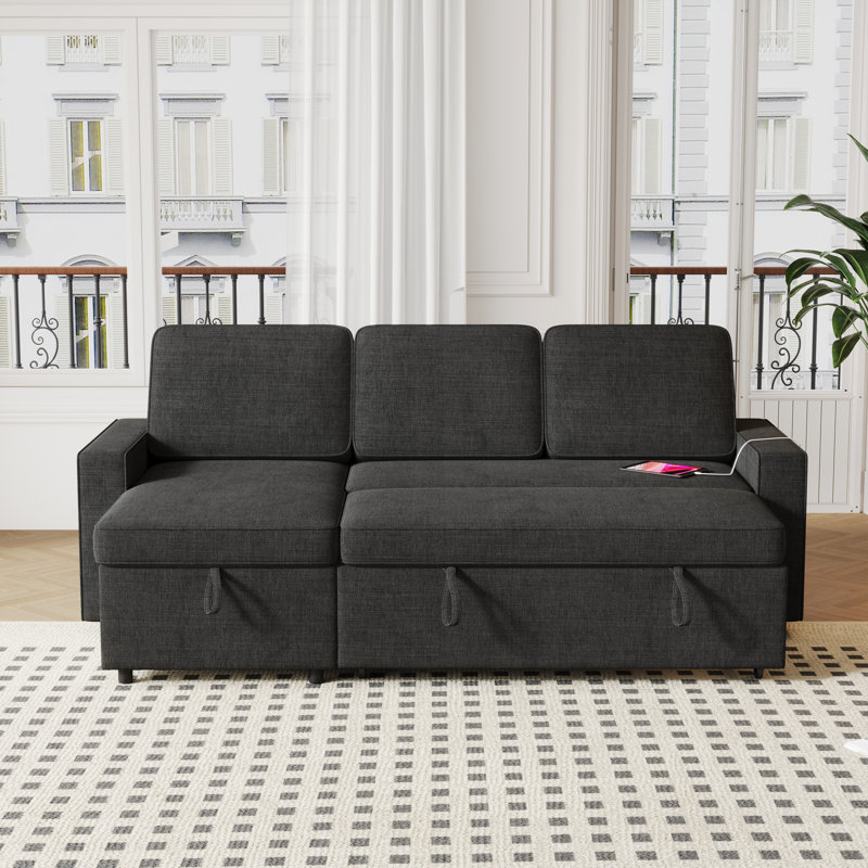 85.8" Pull Out Sleeper Sofa L-Shaped Couch Convertible Sofa Bed with Storage Chaise, Black Fabric