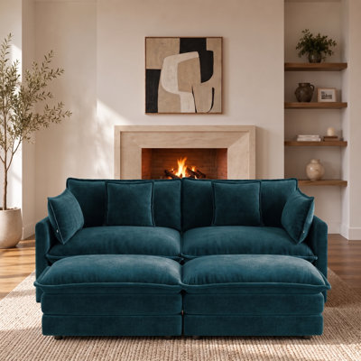 Canapé 2 places de 180 cm avec 2 poufs, canapé deux places en chenille rembourrée avec 2 coussins d'accoudoirs et 2 coussins décoratifs, canapé gain de place pour salon, chambre et appartement