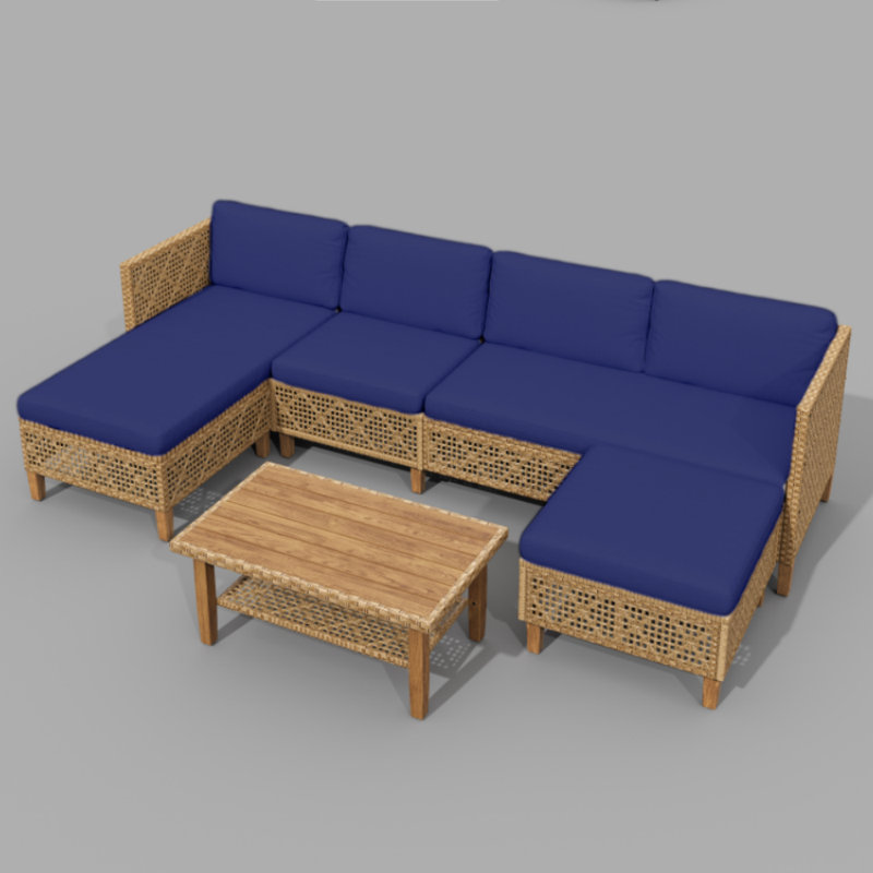 Outdoor Wicker Patio Conversation Furniture Set With Acacia Wood Coffee Table, Navy