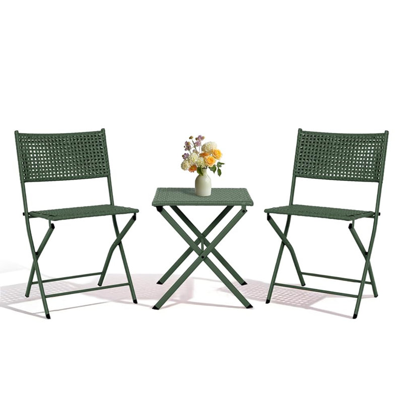 3-Piece Folding Patio Bistro Set, Wicker Rattan Outdoor Furniture Set with 2 Foldable Chairs and a Square Table, Compact Balcony Furniture for Porch, Backyard, Poolside (Orange)