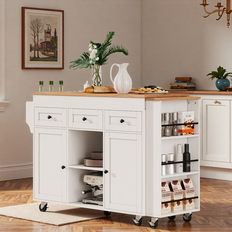 Îlot de cuisine roulant avec table de salle à manger extensible, station de charge, support de rangement ouvert à trois niveaux, 3 tiroirs et 2 armoires de rangement