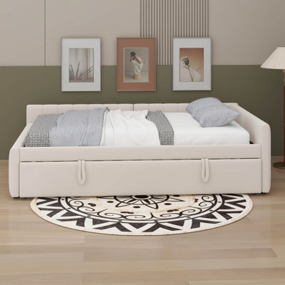 Full Size Daybed With Twin Pop Up Trundle, Upholstered L-Shaped Day Bed Frame