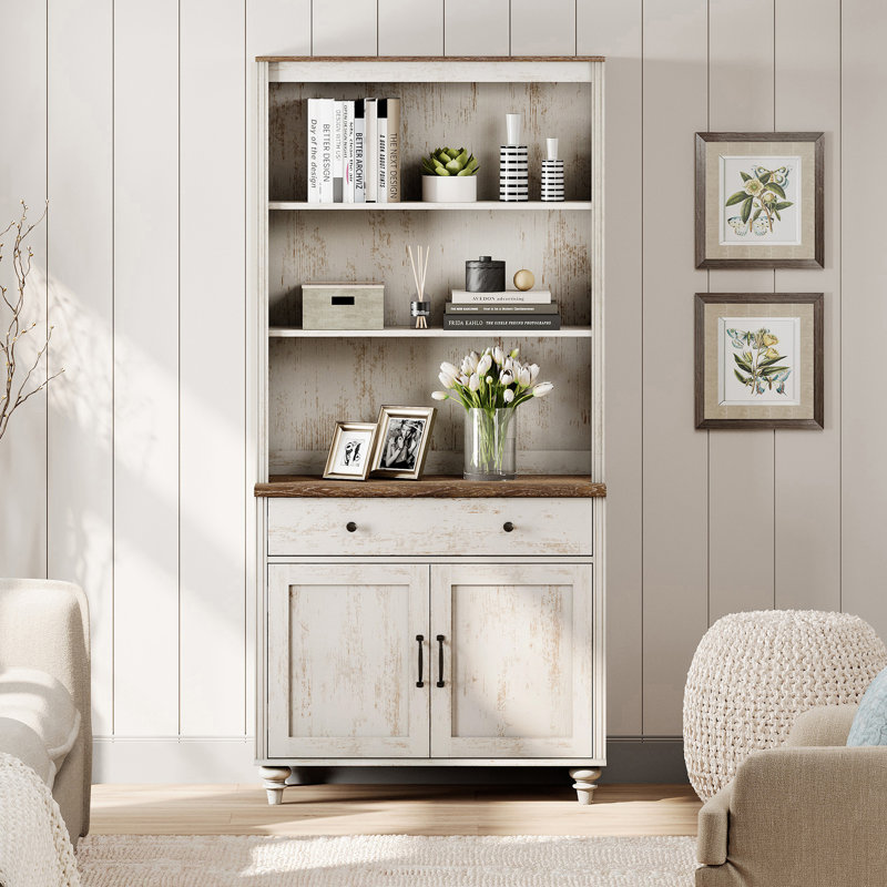 72.1"H X 33.9"W 3-Tier Bookcase With Doors & Drawer, Large Bookcases Farmhouse Bookshelves For Living Room Bedroom Home Office Kitchen, Rustic White