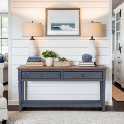 Americana 60 Inch Sofa Table With Corduroy Blue Finish, No Assembly Required, Ideal For Coastal And Traditional Decor