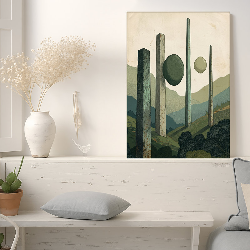 Illustration rétro sur toile de monolithe et de pierres flottantes, H 24 po x l 16 po
