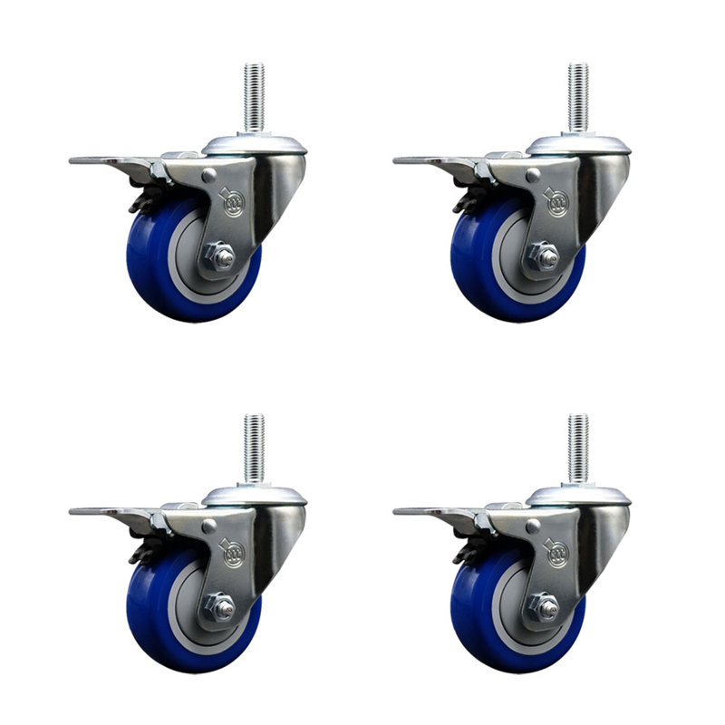 Poly Swivel 3/4 Inch Threaded Stem Caster Set with Total Lock Brake