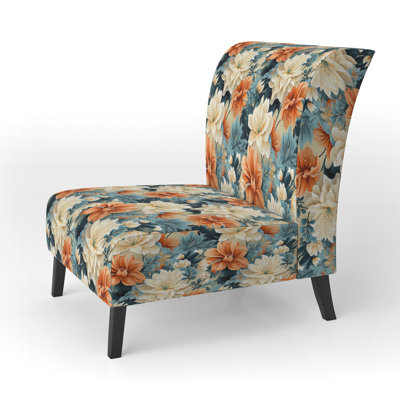 Motif botanique floral chaud en terre cuite et bleu - Fauteuil de chambre rembourré de style campagnard, fauteuil d'appoint floral rustique