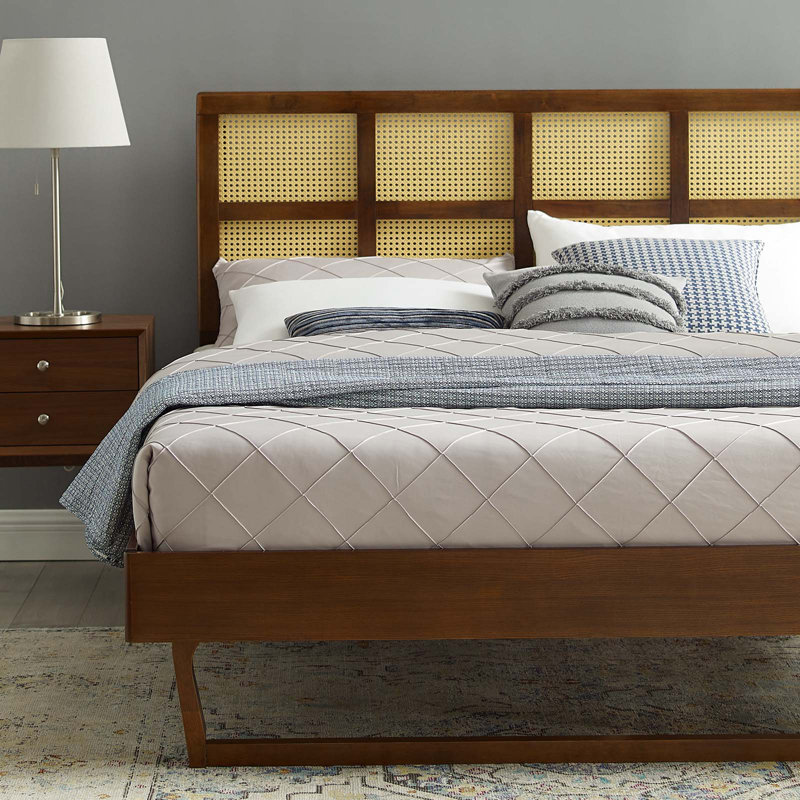 Sidney Walnut Queen Platform Bed with Cane Wood Headboard