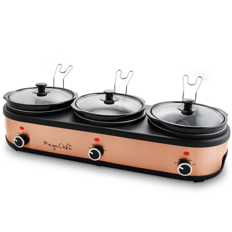  MegaChef Round Triple 1.5 Quart Slow Cooker and Buffet Server  in Brushed Copper and Black Finish with 3 Ceramic Cooking Pots and  Removable Lid Rests: Home & Kitchen