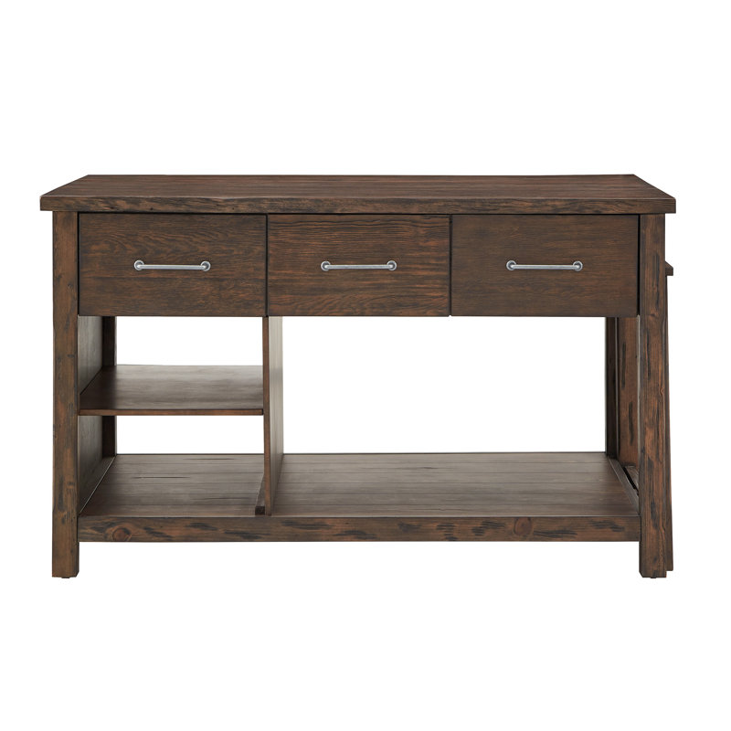 Tinka 3-Drawer Rectangle Pine Kitchen Island, Carbonized Pine, Brown