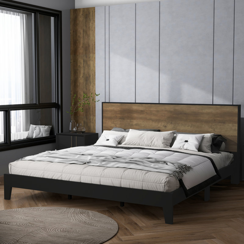 Allyannah Levison Platform Bed With Headboard, King, Black/Knotty Oak