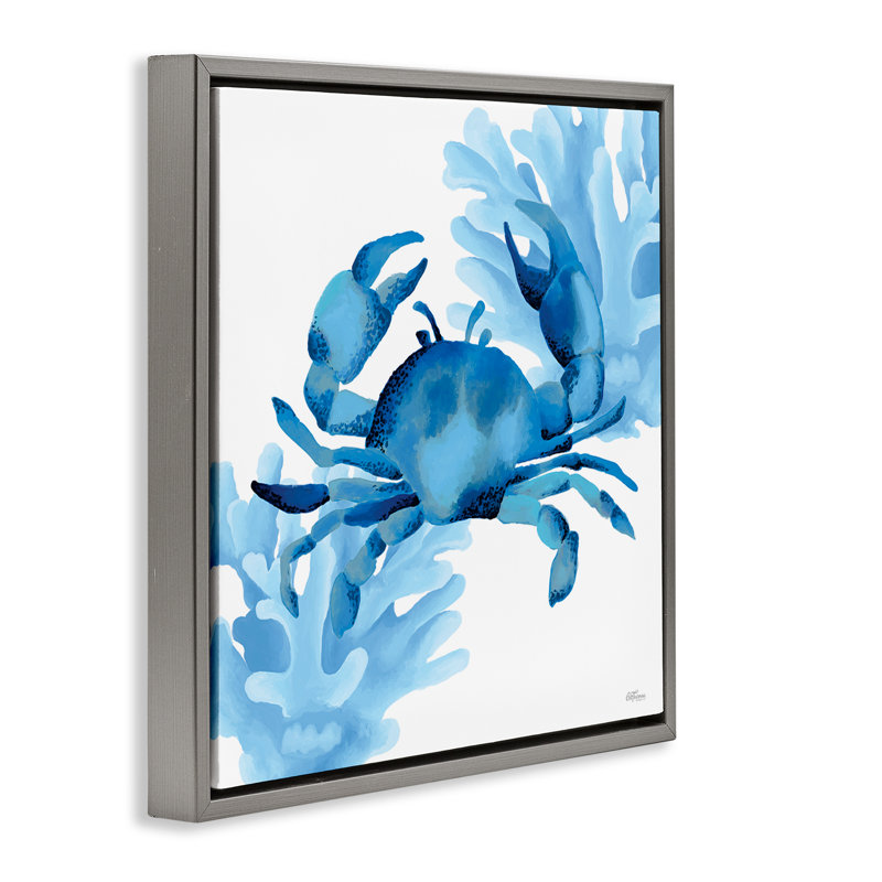 Cadre flottant bleu crabe et corail, design par Cat Thurman Designs, Cadre flottant gris lustré, H 18 po x l 18 po