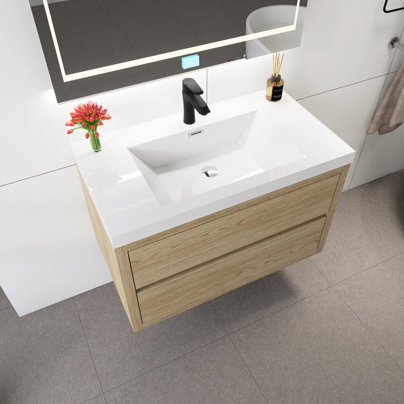 Meuble-lavabo mural 36 po avec lavabo, Bois de chêne naturel