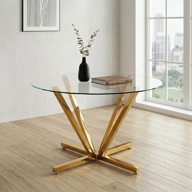 45.3" Round Tempered Glass Dining Table with Radial Metal Base, Gold, Gold
